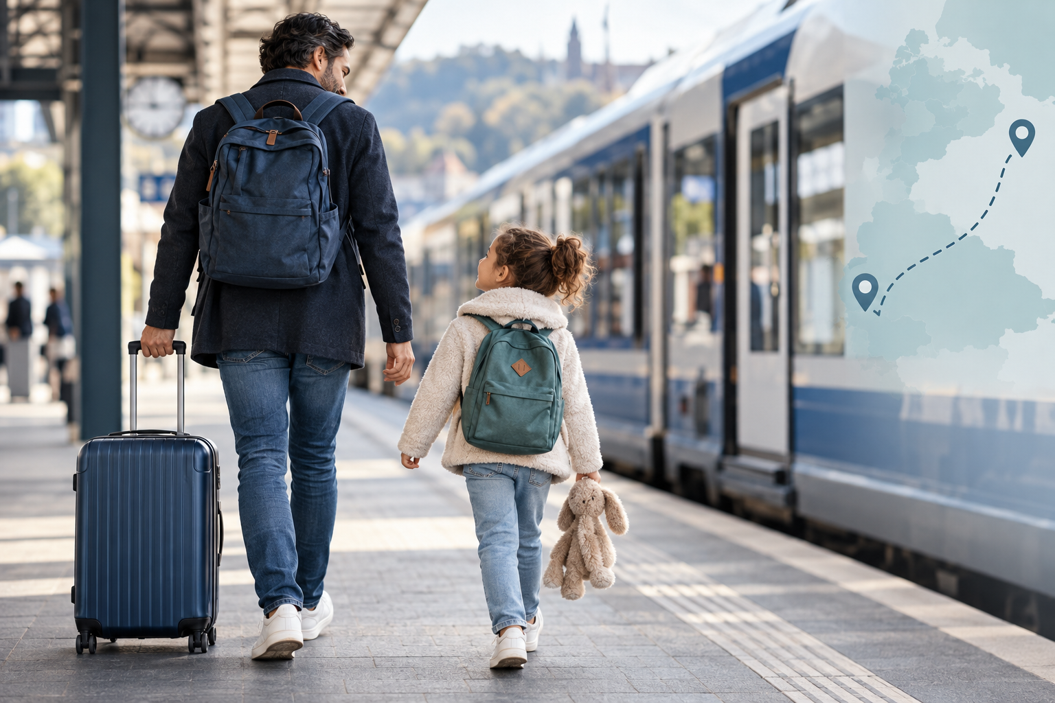 Vater und Tochter reisen mit Gepäck zu einem Umgangswochenende mit dem Zug