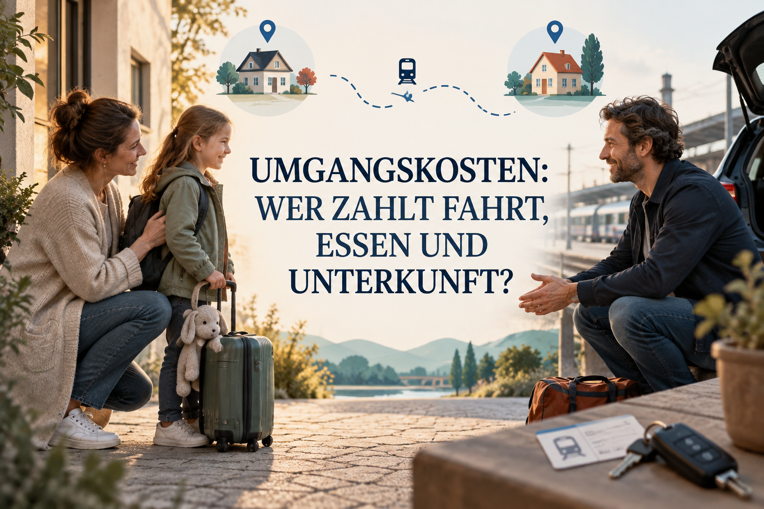 Getrennte Eltern bei einer Übergabe am Bahnhof unter der Frage, wer Fahrt, Essen und Unterkunft bezahlt