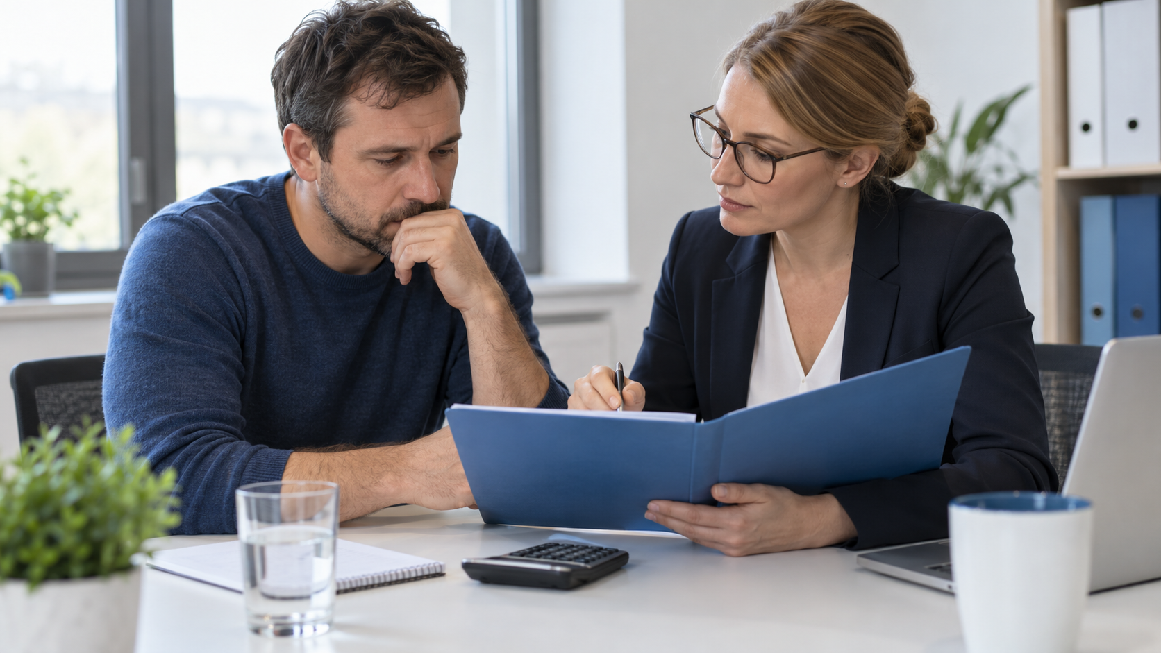 Vater und Beraterin besprechen die Änderung eines Unterhaltstitels anhand eines Unterlagenordners
