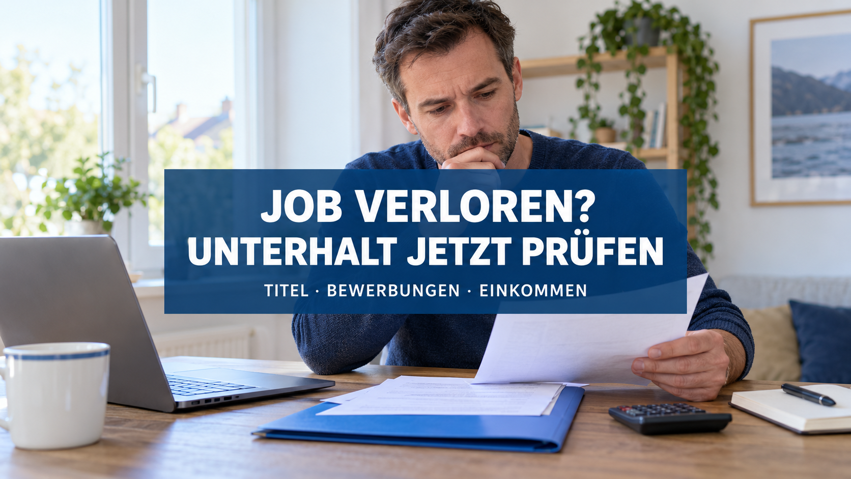Vater prüft Unterlagen und Rechner unter dem zentralen Hinweis Job verloren? Unterhalt jetzt prüfen – Titel, Bewerbungen, Einkommen