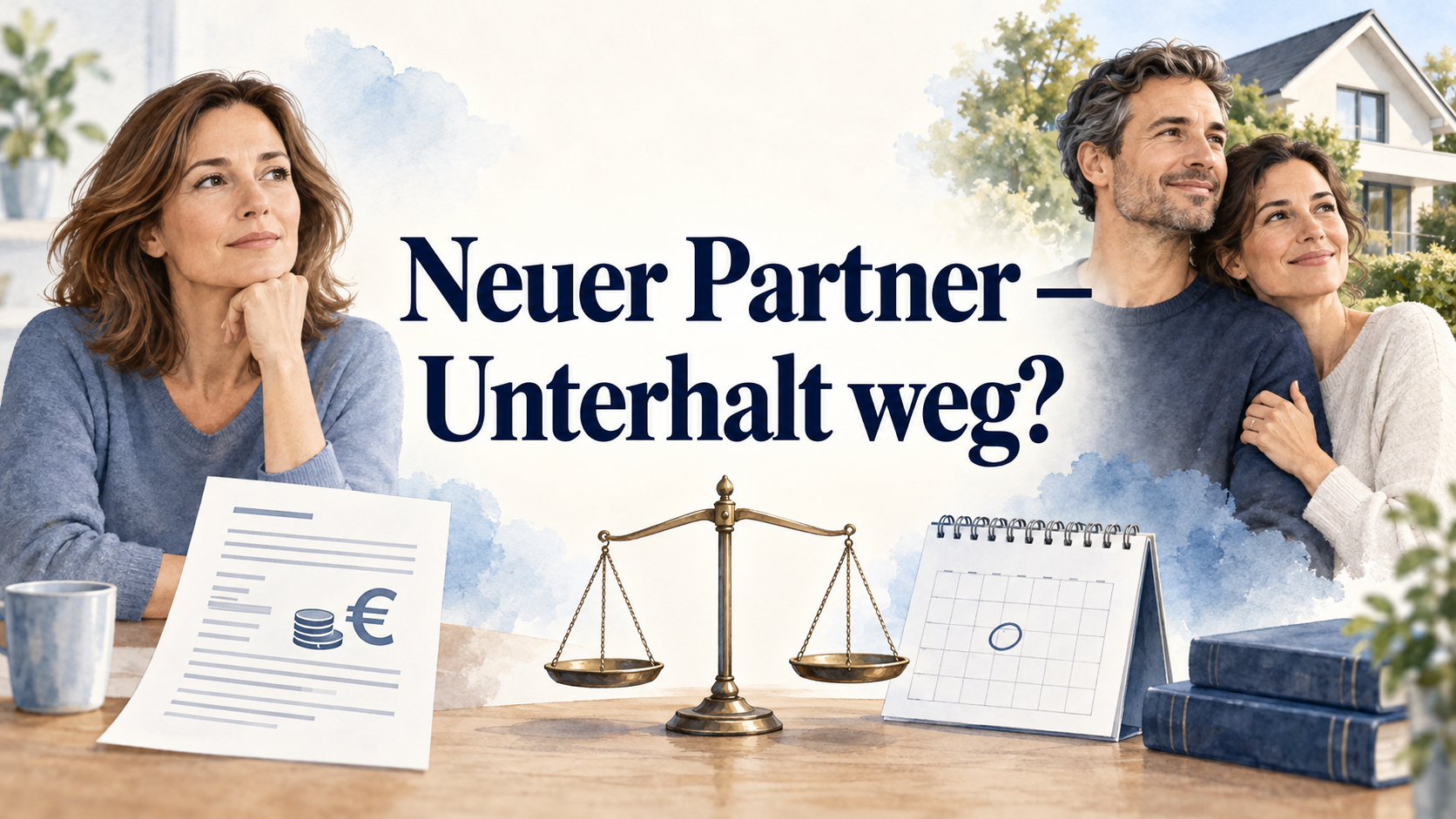 Getrennte Haushalte, neue Partnerschaft, Kalender und Waage mit dem zentralen Text Neuer Partner – Unterhalt weg?
