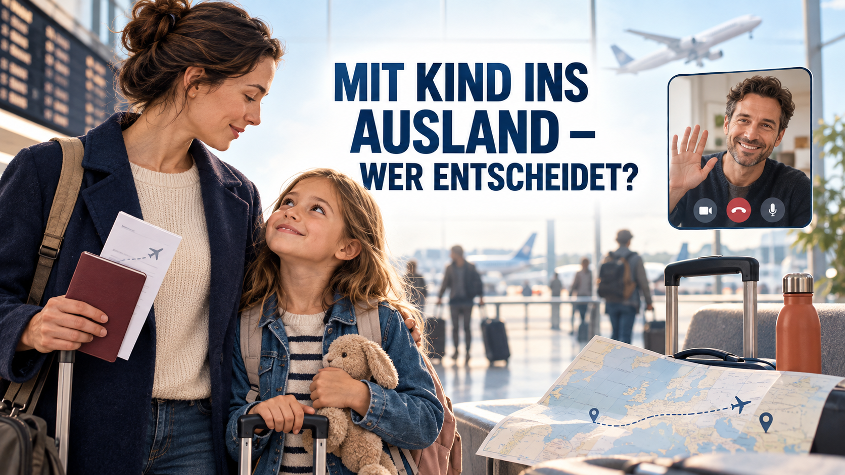 Mutter und Kind mit Reiseunterlagen am Flughafen unter der Überschrift Mit Kind ins Ausland – wer entscheidet?