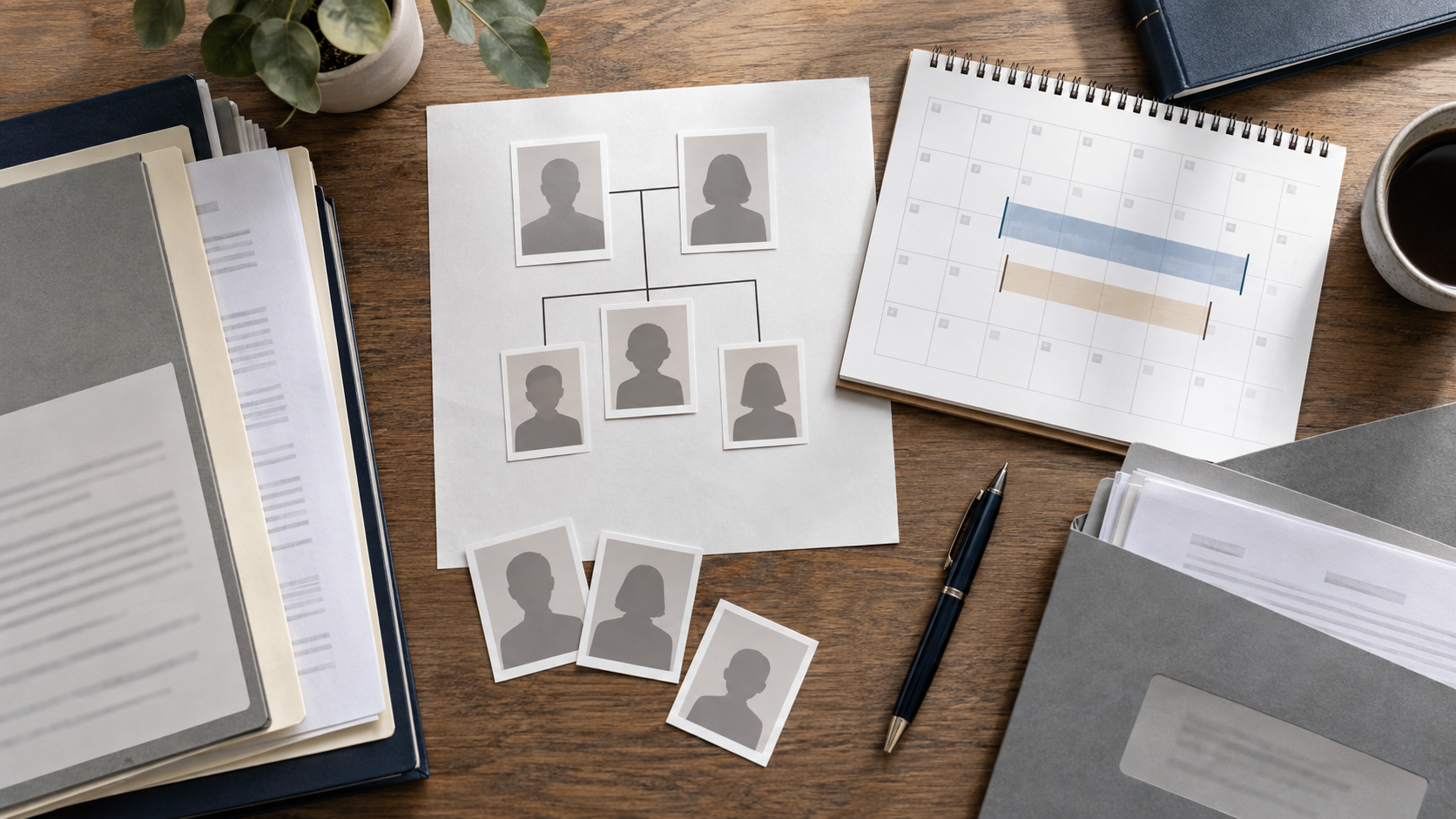 Familienstammbaum, Akten und eine zweigeteilte Zeitachse auf einem Kalender