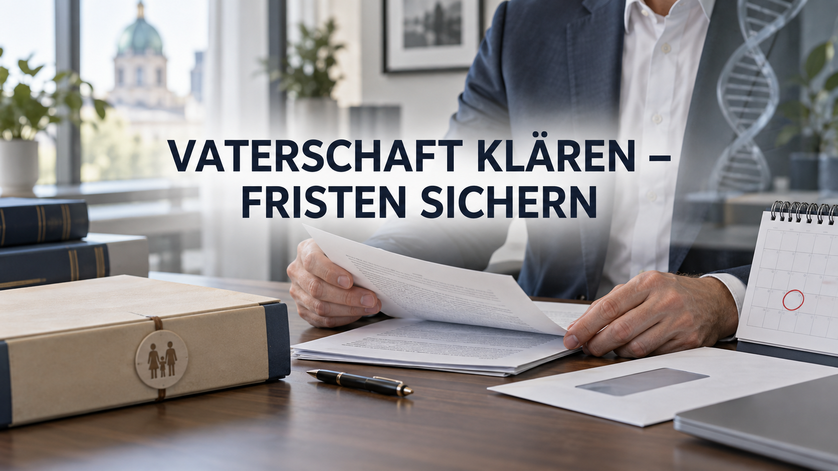 Mann prüft Familienunterlagen neben Kalender unter der Überschrift Vaterschaft klären – Fristen sichern