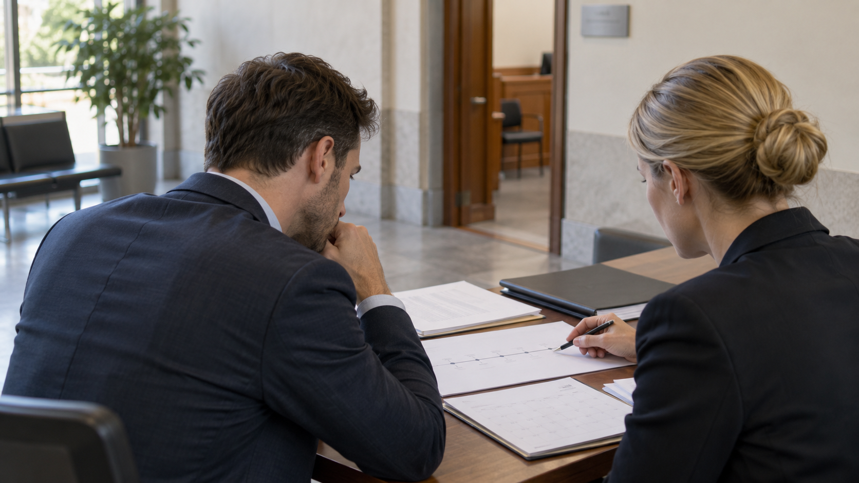 Anwältin und Mandant ordnen Unterlagen und Fristen vor einem Familiengerichtstermin