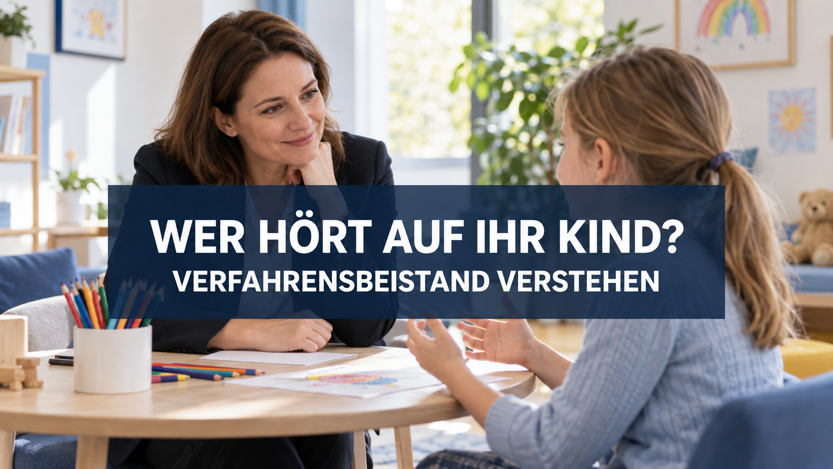 Verfahrensbeiständin hört einem Kind zu, mit der zentralen Frage Wer hört auf Ihr Kind?