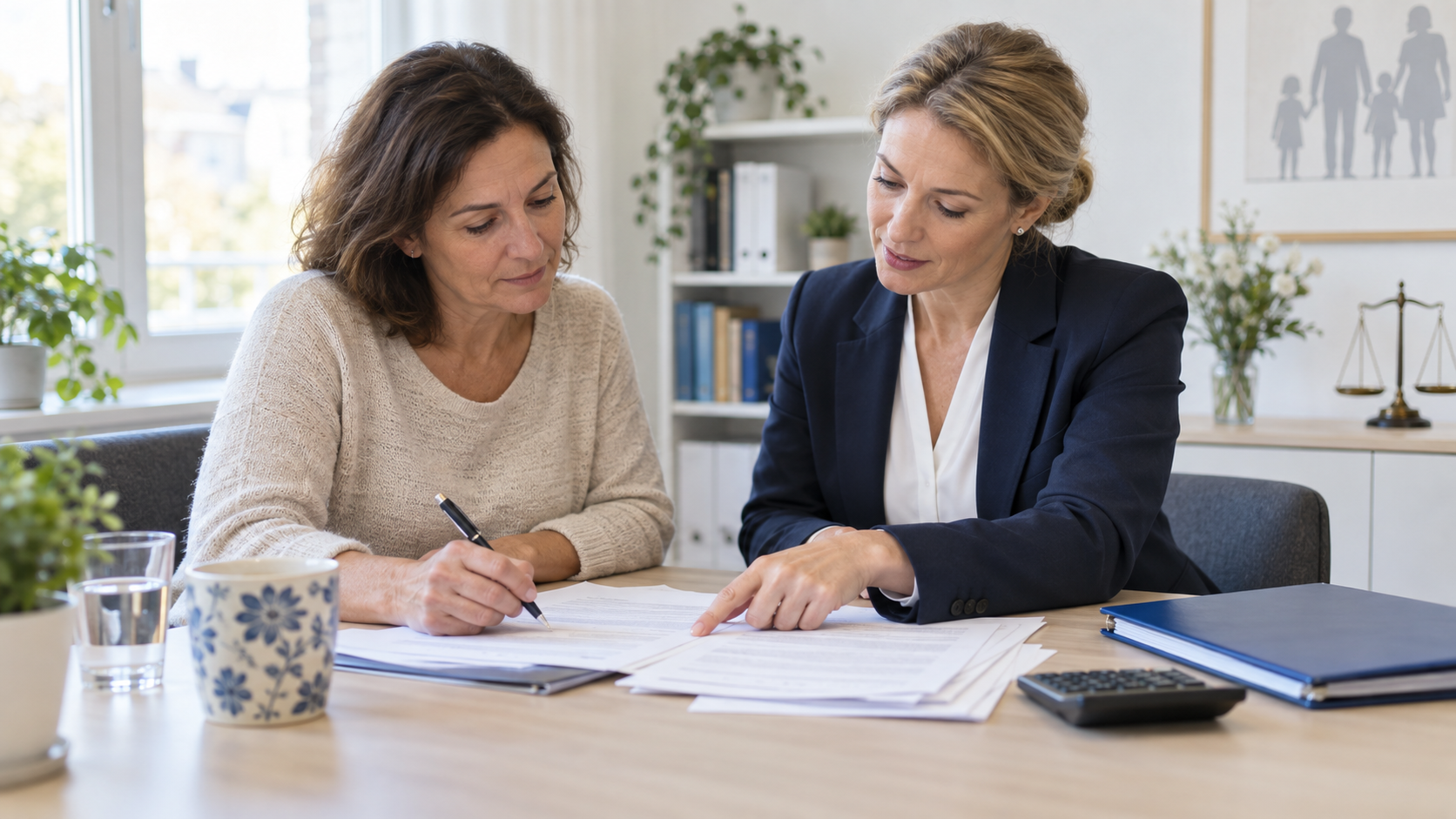 Mandantin und Rechtsanwältin prüfen gemeinsam einen Antrag und zugehörige Belege