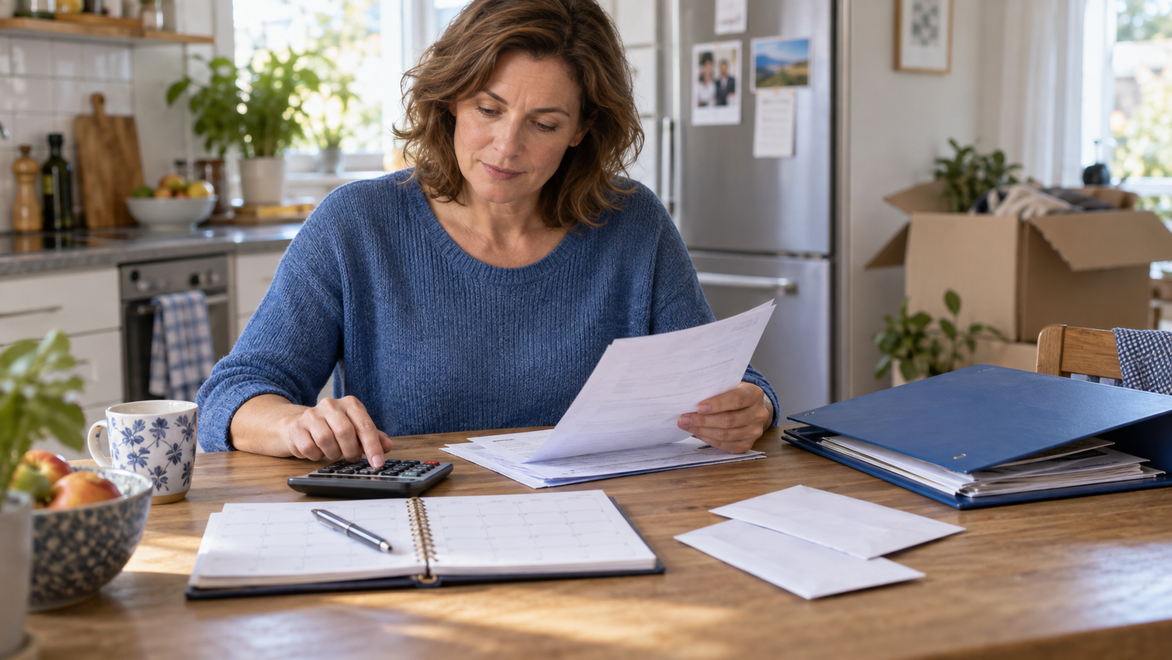 Frau prüft zu Hause Haushaltsbudget, Kalender und Schreiben neben einem Umzugskarton