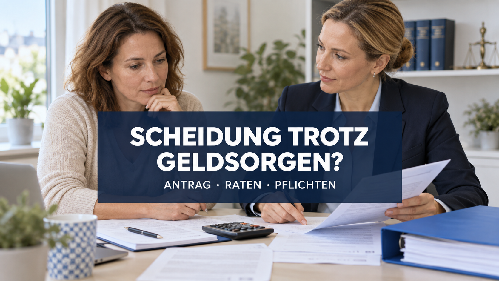 Frau und Rechtsanwältin prüfen Unterlagen unter der zentralen Frage Scheidung trotz Geldsorgen?