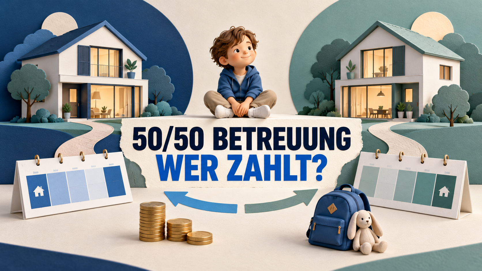 Kind zwischen zwei Häusern mit Wochenplänen und der Frage 50/50 Betreuung – wer zahlt?