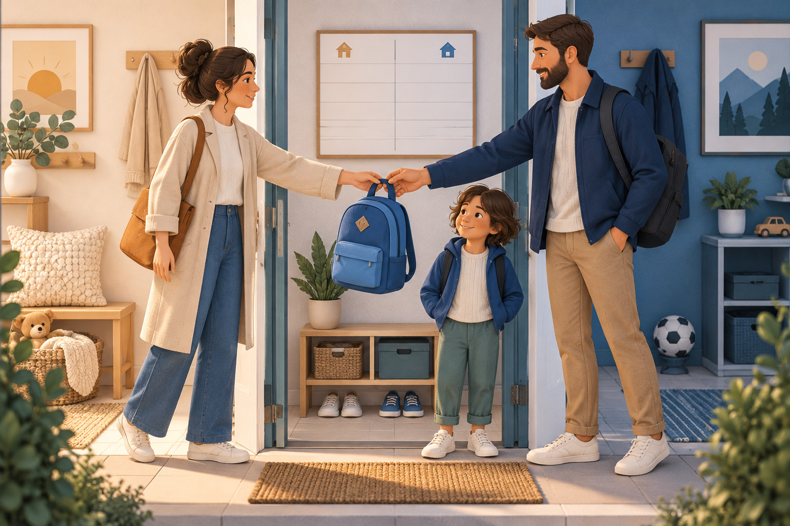 Eltern übergeben ruhig einen Kinderrucksack, während ihr Kind zwischen beiden Haushalten steht