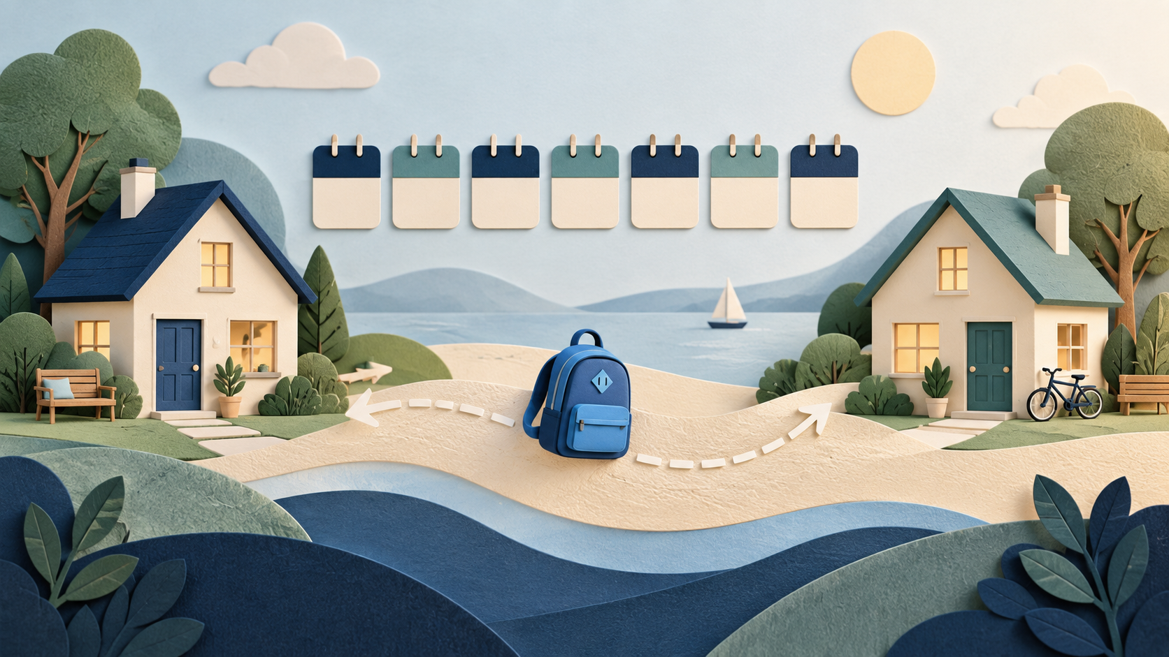 Kinderrucksack auf dem Weg zwischen zwei Häusern unter einem abwechselnd farbigen Wochenplan