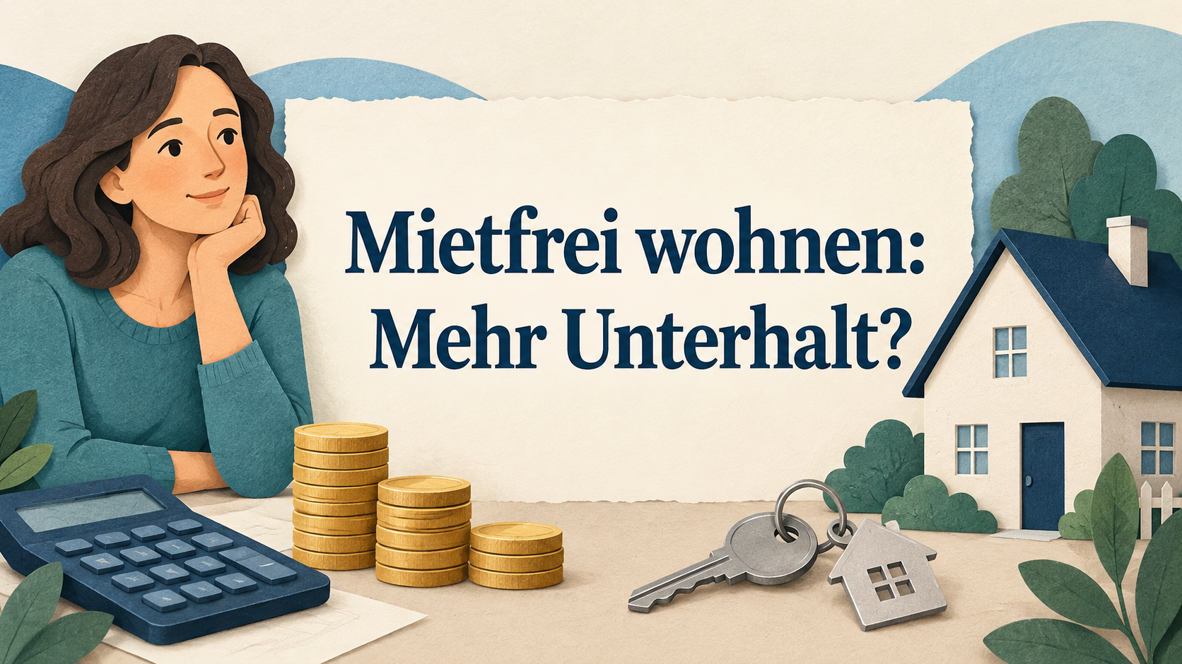 Erwachsene neben Haus, Schlüssel, Rechner und Münzen mit dem zentralen Text Mietfrei wohnen: Mehr Unterhalt?