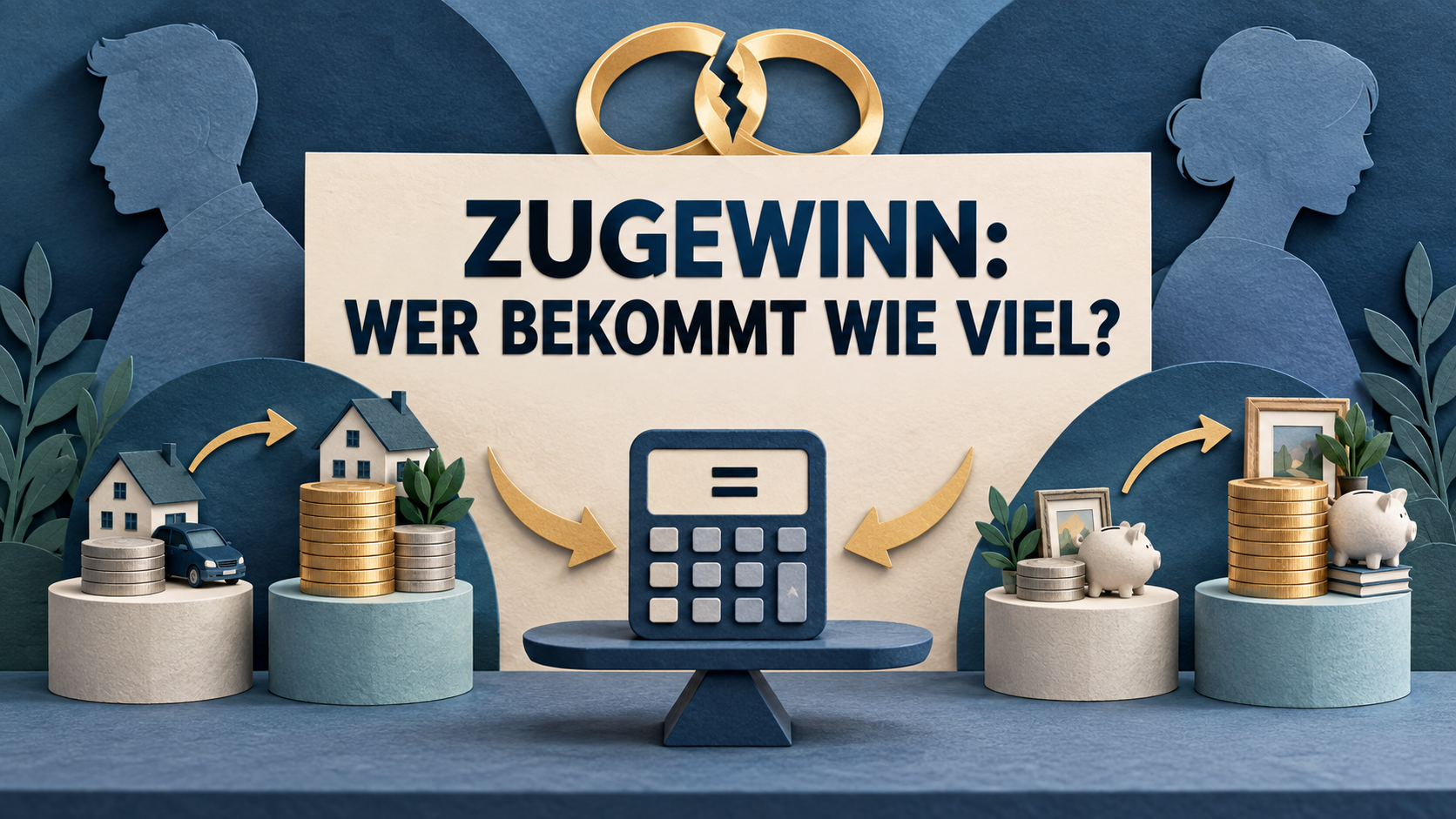 Getrenntes Ehepaar, Vermögenswerte und Rechner mit der Frage Zugewinn: Wer bekommt wie viel?